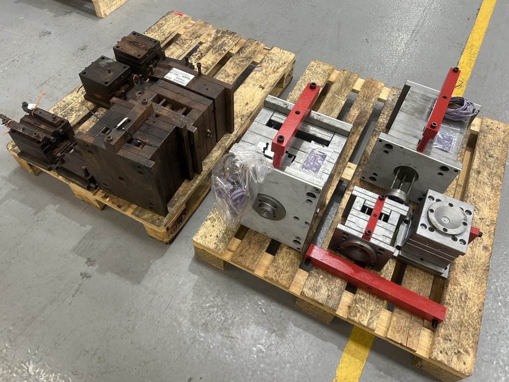 Before and after: corroded mould tools on arrival alongside restored tooling after vapour blasting